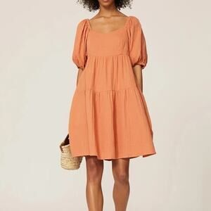 LOUNA Rustic Orange Tiered Puff Sleeve Front Pockets Mini Dress Size Small